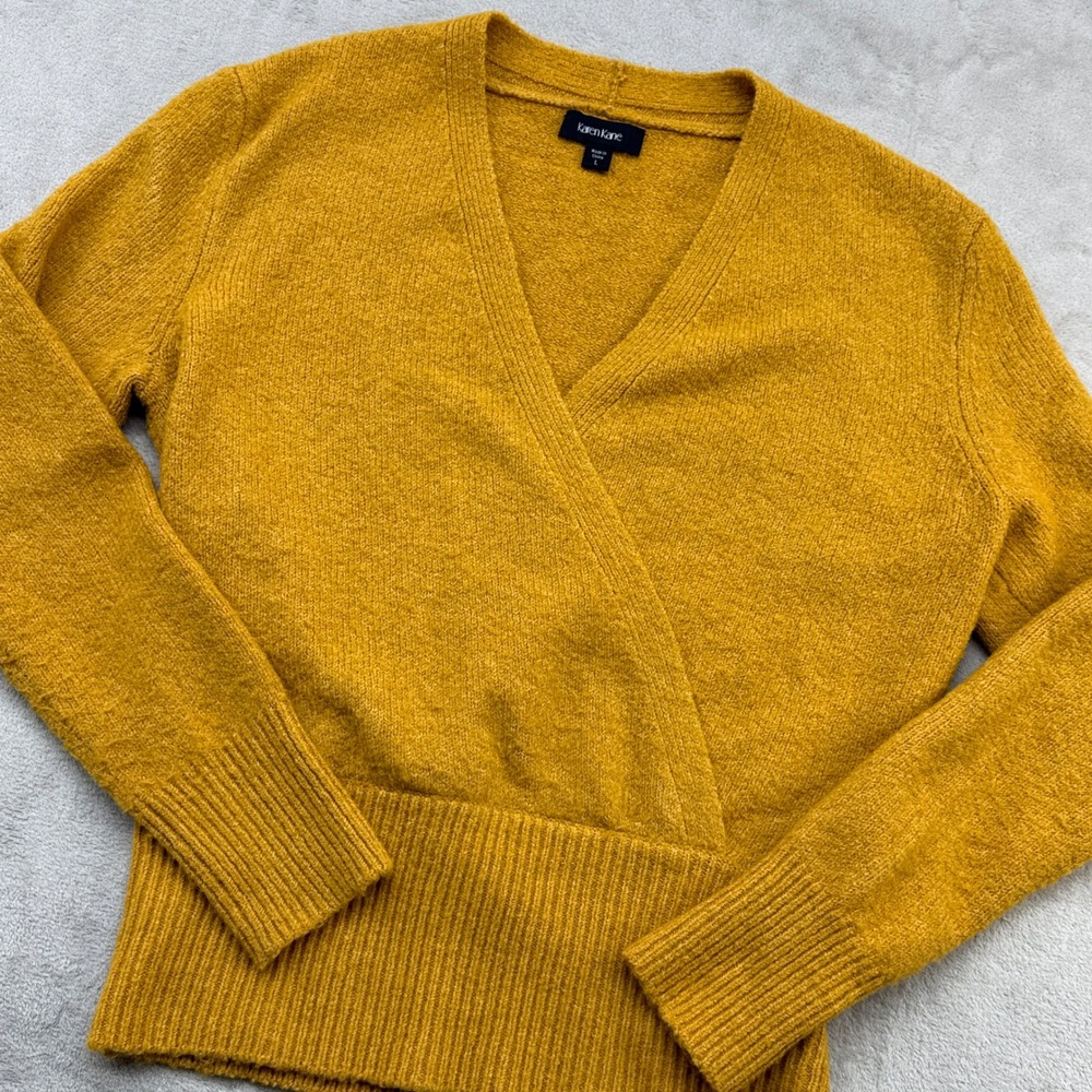 Karen Kane Wrap Sweater Womens Large Mustard Yellow Surplice Ribbed Quiet Luxury